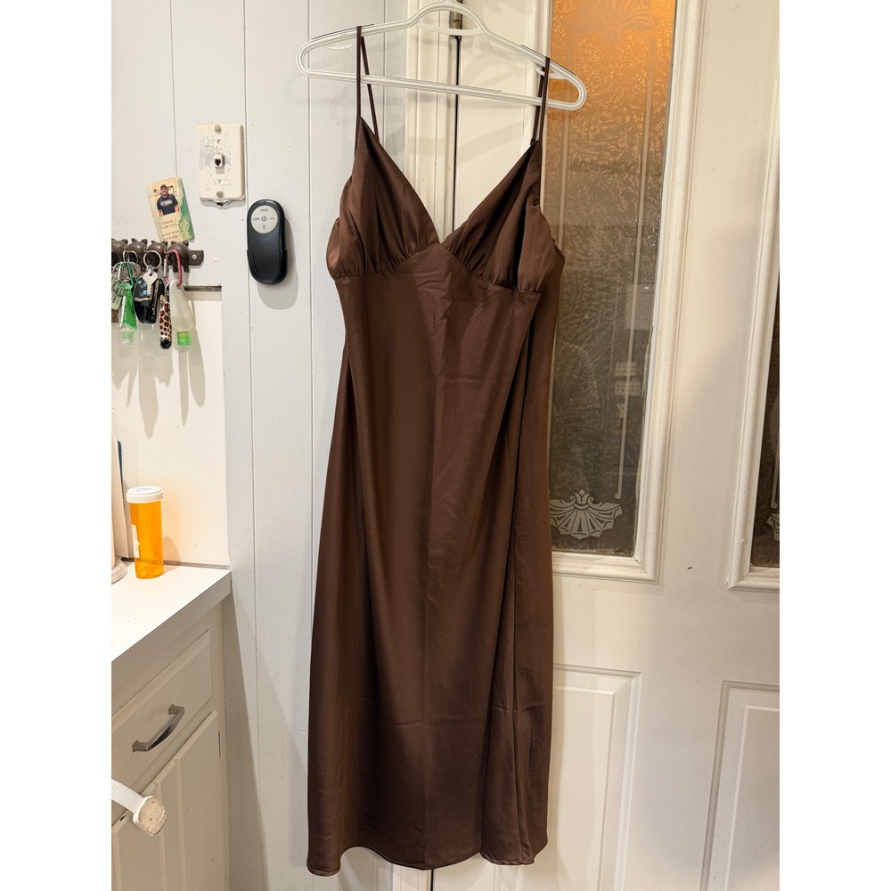 Abercrombie & Fitch Brown Satin V-Neck Midi Slip Dress XL